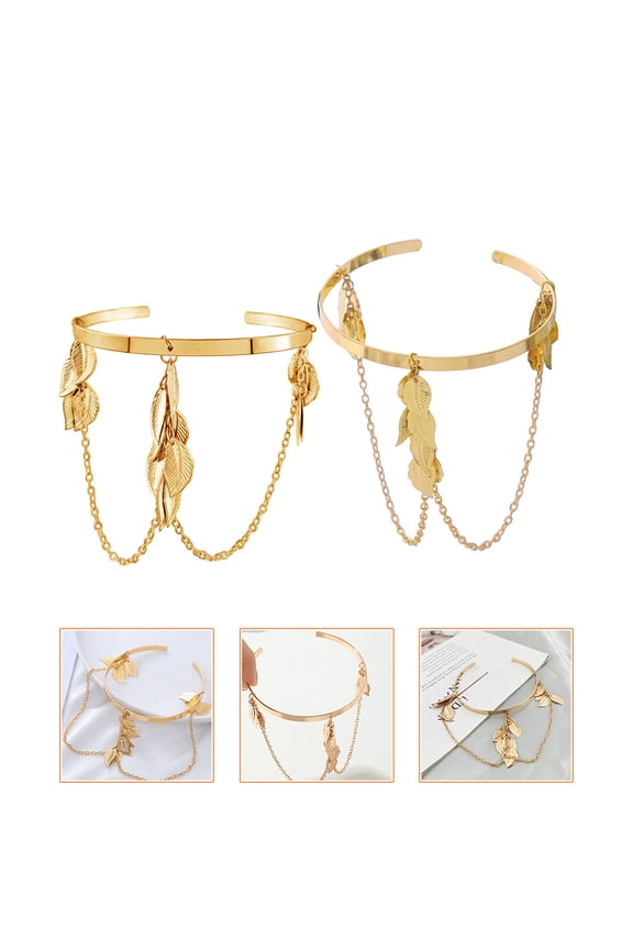 2Pcs Cuff Bangle Bracelet Arm Jewelry Golden Double Decoration for Women Wedding