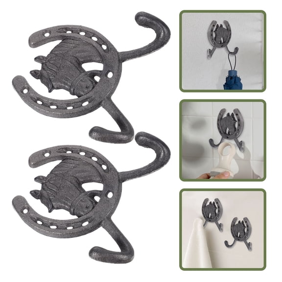 TABLZONE 2Pcs Decorative Grey Cast Iron Wall Hooks Rustic Horse Shape Heavy Duty Home Hangers
