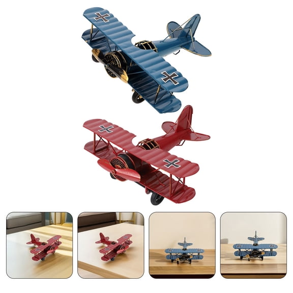 TABLZONE 2-Pack Vintage Iron Biplane Models in Assorted Colors, Retro Airplane Decor for Home and Office Display