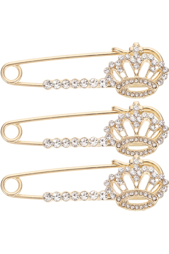 Rhinestone Crown Safety Pin Golden Chic Clothing Brooch 3Pcs