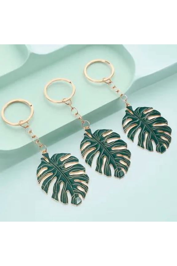 3-Pack Dark Green Monstera Leaf Keychains, Alloy Material, Stylish Key Holders and Bag Charms for Everyday Use