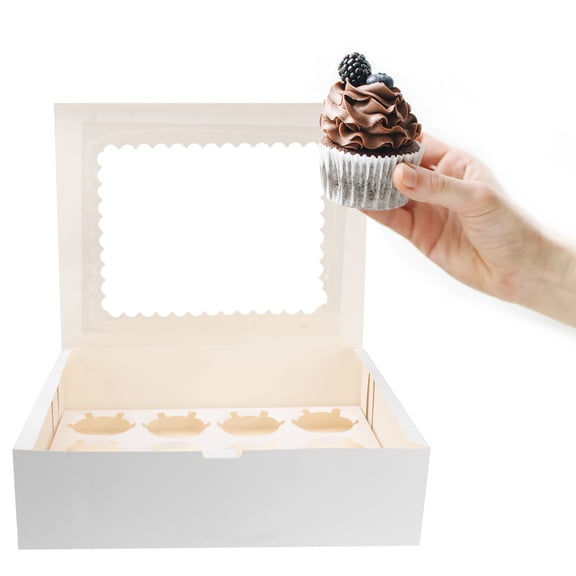 TABLZONE 5Pcs Windowed White Cupcake Boxes 12 Cavity Carrier for Picnic and Gathering