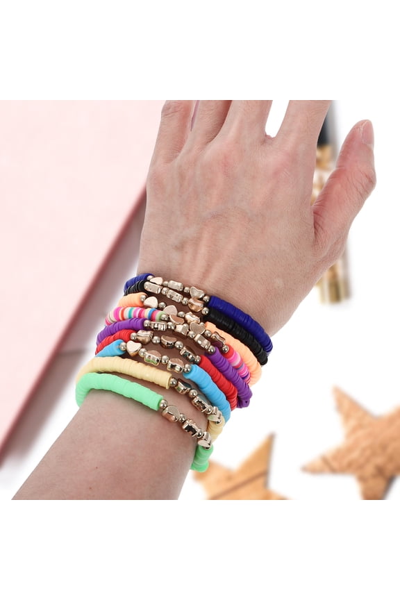 9Pcs Boho Stackable Heart Shape Bracelets Stretchable Polymer Clay in Assorted Colors