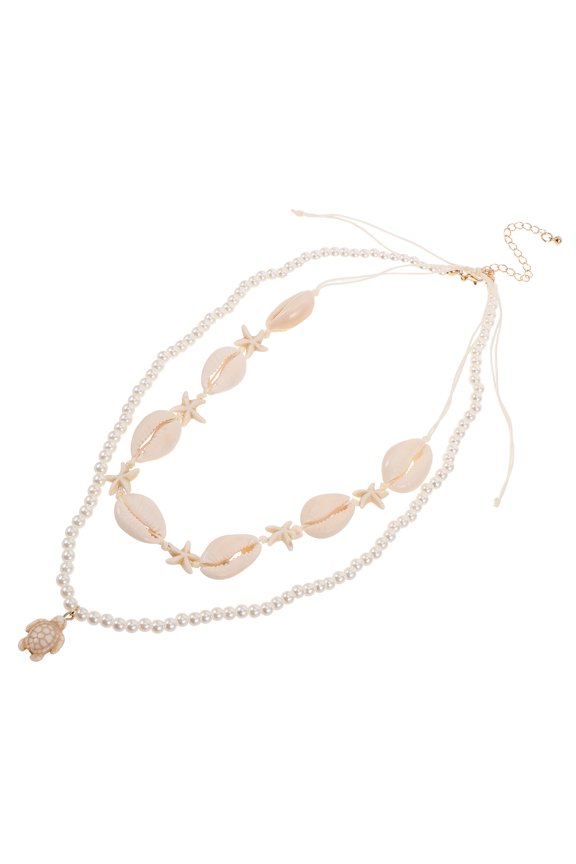 Beige Double Layer Shell Necklace with Turtle Charm, Handmade Jewelry for Vacation and Casual Wear