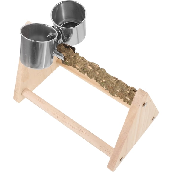 TABLZONE Beige Natural Wood Bird Perch Stand Bird Feeding Cups for Parrot Training