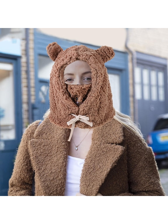 Brown Plush Bear Winter Hat with Face , Warm Ear Coverage Beanie for Cold Weather