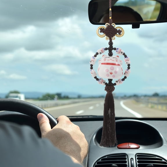 TABLZONE Cat Decorations For Car Ceramic Fortune Cat Rear View Mirror Hanging 1Pcs