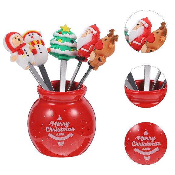 TABLZONE Christmas Themed Stainless Steel with Ceramic Base Fruit Fork Set