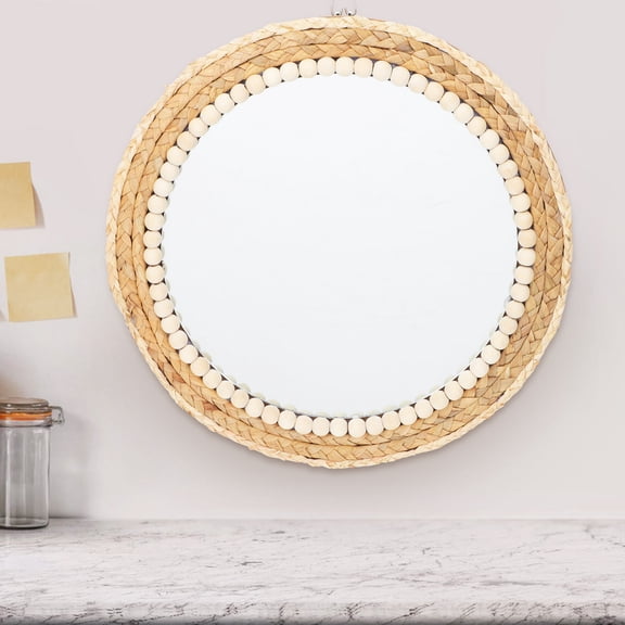 TABLZONE Decorative Wall Mirror Khaki Grass Rope Woven Design for Makeup and Home Use