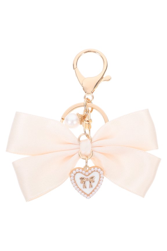 Set of 2 Beige Bowknot Keychain Pendants with Cloth Bag Charms for Women, Stylish Accessories for Special Occasions and