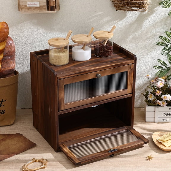 TABLZONE Rustic Bread Box Wood with Magnetic Closure and Front Window Organizer
