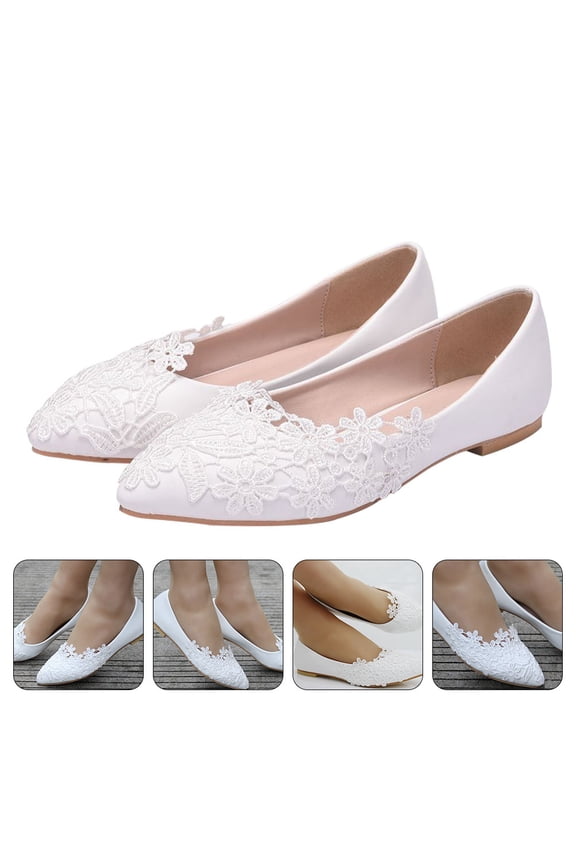 Women's White Lace Flat Shoes with Pointed Toe, Elegant Casual and Wedding Footwear, Size 8