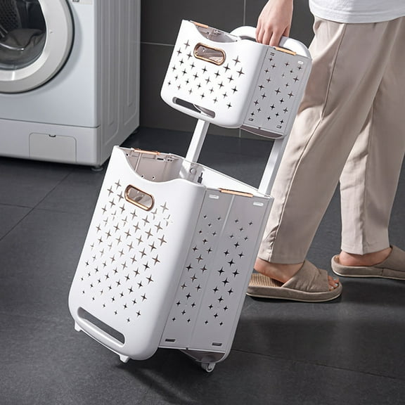 TABLZONE Collapsible White Laundry Hamper with Wheels Perfect for Family