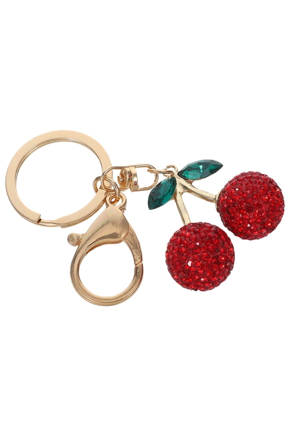 Cherry Design Keychain with Rhinestones for Decorative Use Red Zinc Alloy Fruit Charm 3.5 inches