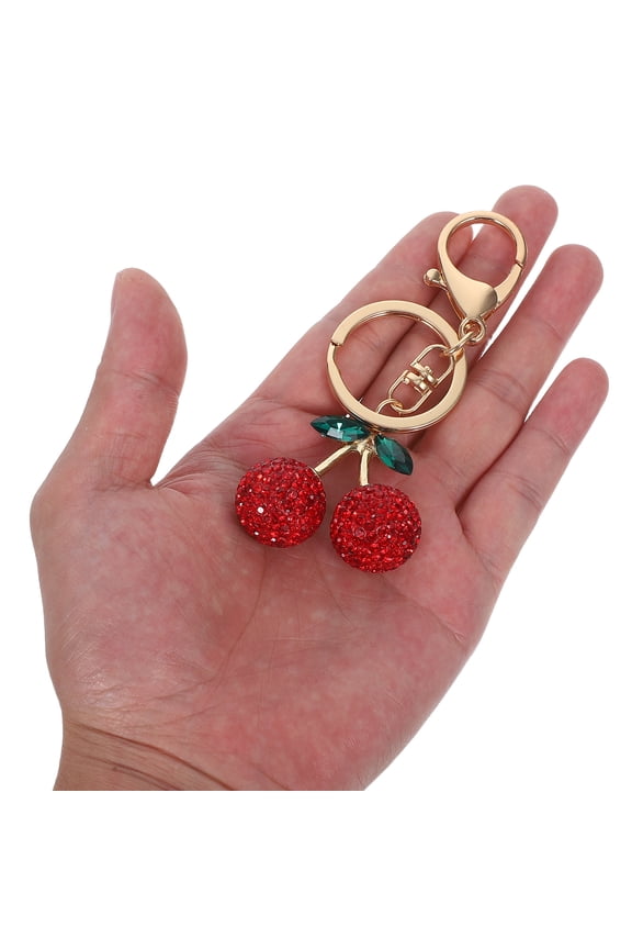 Cherry Design Keychain with Rhinestones for Decorative Use Red Zinc Alloy Fruit Charm 3.5 inches