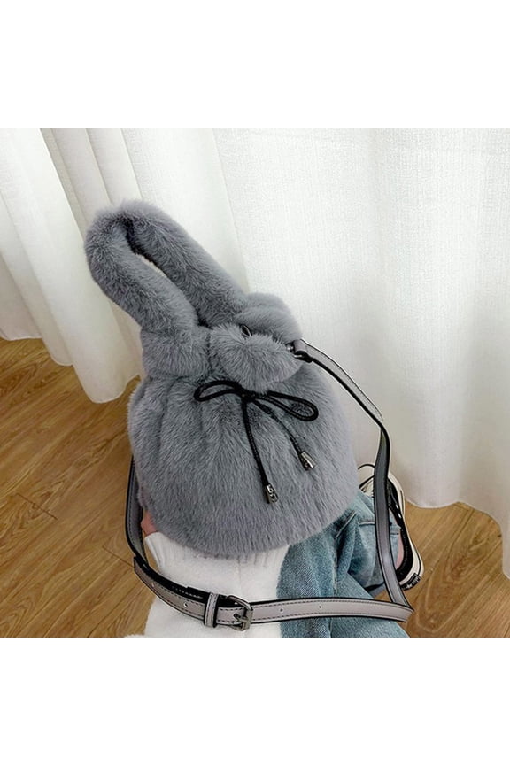 Grey Plush Crossbody Bag for Women, Soft Portable Handbag with Wide Adjustable Shoulder Strap, Stylish Everyday Carry