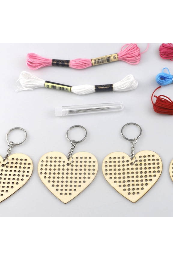 Heart Shaped Keychain Kit Wooden Cross Stitch Decoration Assorted Color 5Pcs