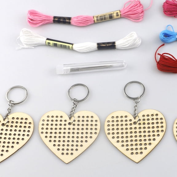 TABLZONE Heart Shaped Keychain Kit Wooden Cross Stitch Decoration Assorted Color 5Pcs