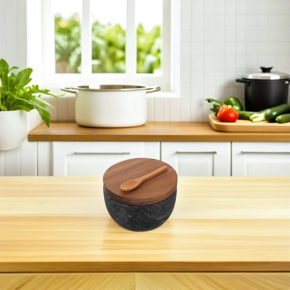 TABLZONE Compact Black Bamboo Spice Containers with Marble for Kitchen Countertop
