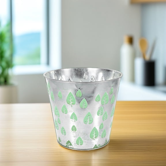 TABLZONE Large Light Green Metal Flower Bucket, Vintage Maple Leaf Carved Round Planter Pot for Indoor Outdoor Decor