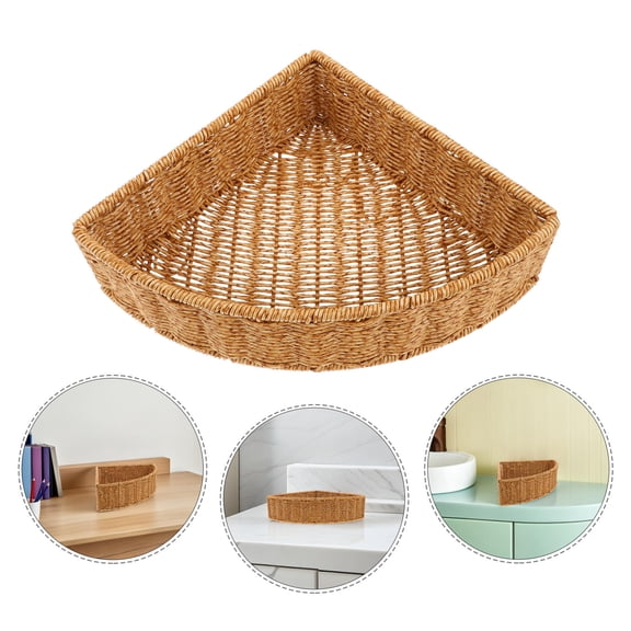 TABLZONE Light Brown Triangular Plastic Basket with Imitation Rattan Design for Bathroom and Closet Storage