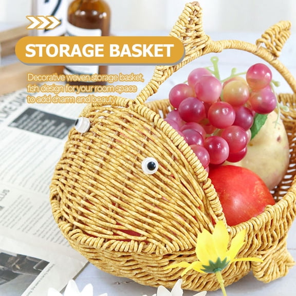 TABLZONE Light Yellow Plastic Woven Storage Basket Decorative Fruit Candy Candy Basket for Desktop Organization
