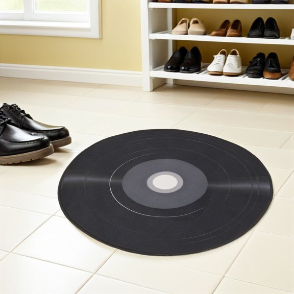 TABLZONE Machine Washable Black Vinyl Record Rug Retro Style Round Rug for Living Room and Dining Room