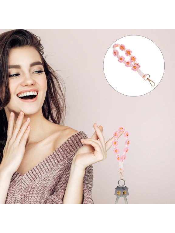 Daisy Design Pink Macrame Keychain Bracelet with Bohemian Touch