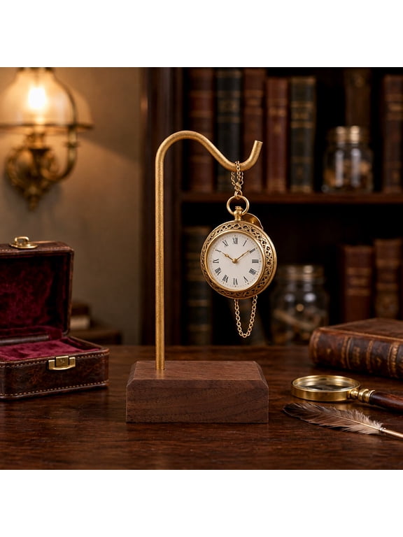 Pocket Watch Display Stand, Wood Base with Metal Hook, Desktop Holder for Collectible Watch Storage and Showcase