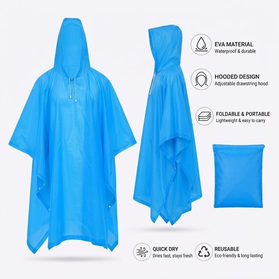 TABLZONE Eva Rain Poncho Blue Waterproof for Outdoor Protection and Travel