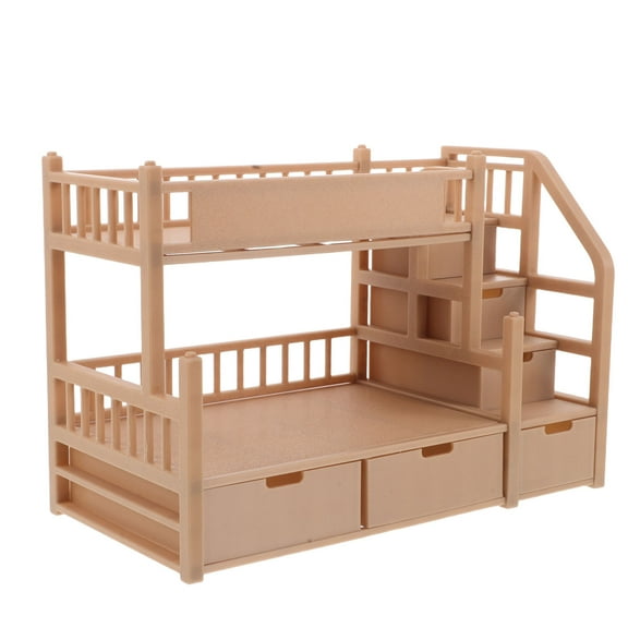 TABLZONE Realistic Light Brown Plastic Bunk Bed Dollhouse Decoration Accessories for 18 cm Dolls with Storage Drawer