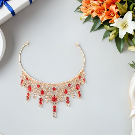 TABLZONE Rhinestone Wedding Tiara Red Metal Crown with Handinlaid Crystals for Bridal Wear