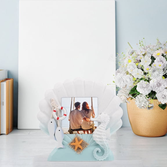 TABLZONE Skyblue Shell Shaped Photo Frame Mediterranean Style Wood Decor for Pictures Display 6.5 x 4.5 Inches