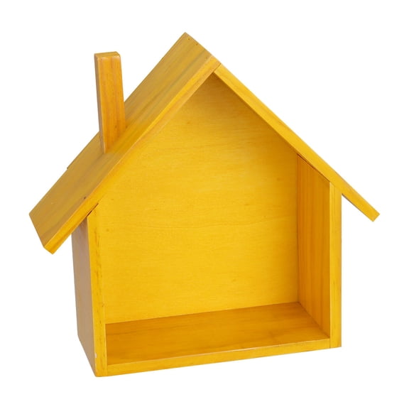 TABLZONE Small Wooden Wall Shelf Rack in House Shape with Bright Yellow Finish, Stylish Storage Organizer for Home, Office, and Living Spaces