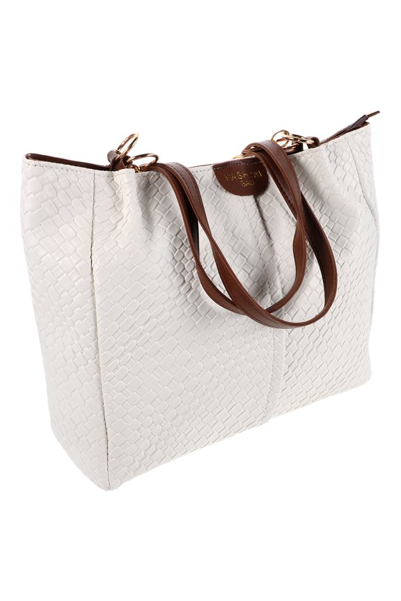 Elegant White Woven Handbag for Women, Versatile Shoulder Tote Bag with Organized Interior and Comfortable Carrying Options
