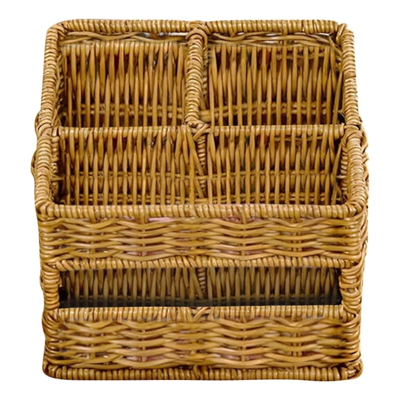 TABLZONE Faux Rattan Brown Wicker Divided Storage Basket Desk Organizer