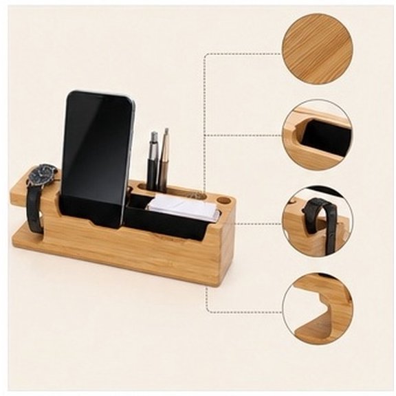 TABLZONE Wooden Docking Station for Phone and Watch Stand with Smooth Finish, Khaki Wood