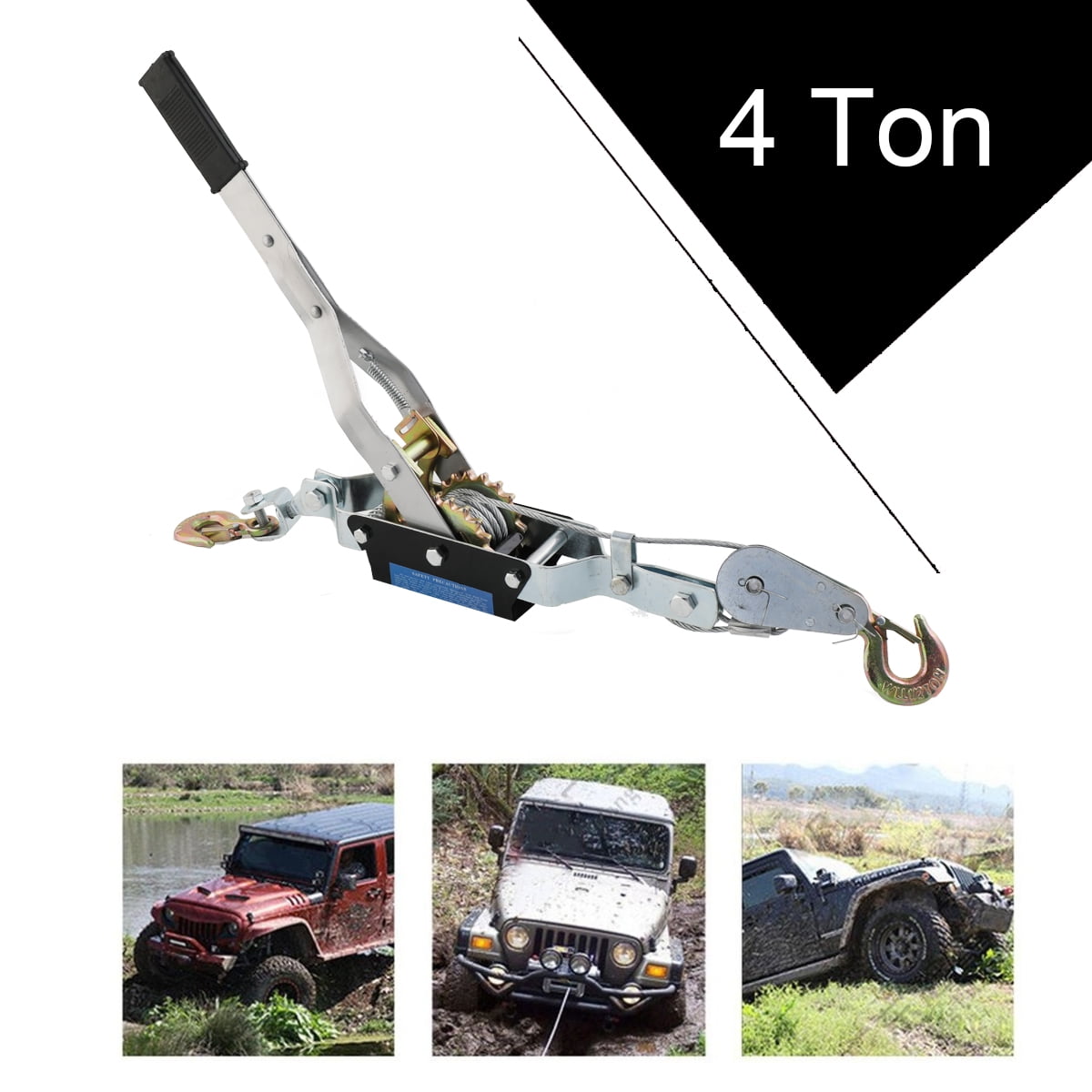 TABODD 4 Ton Heavy Duty 2 Hook Steel Cable Dual Gear Power Ratchet Come