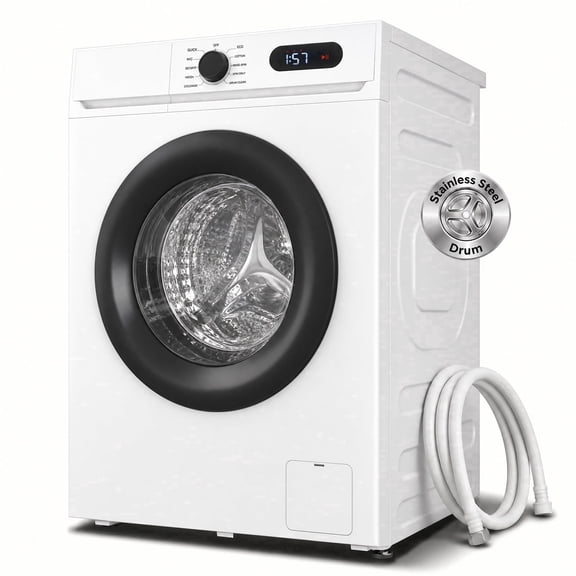 TABU 2.7 Cu. Ft. Front Load Washer, Full Size Washing Machine with 9 Cycles, Auto Balance, Load Detect, LED Display, 110V, White