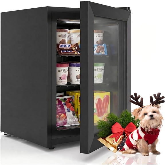 TABU 3.2 CU.FT Upright Freezer with Glass Display Door, Freestanding Mini Freezer with 7 Adjustable Thermostat, Black