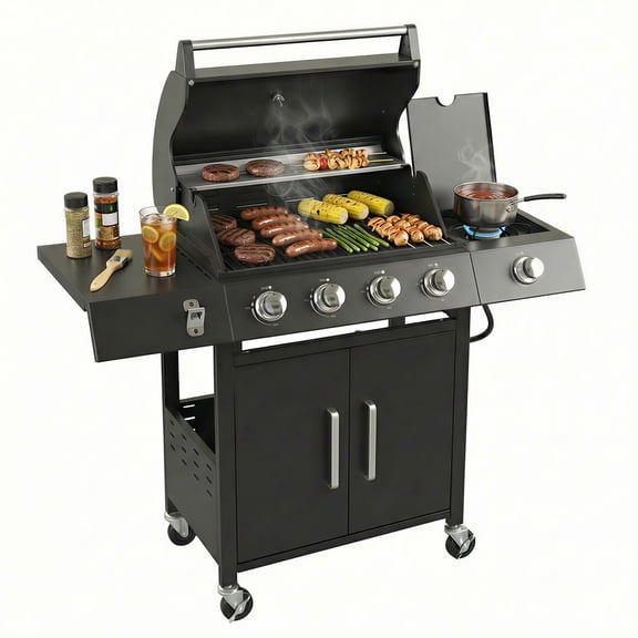 TABU 4-Burner Propane Gas Grill with Side Burner, 58,000 BTU Propane BBQ Grill with Storage Cabinet, Ideal for Outdoor Cooking