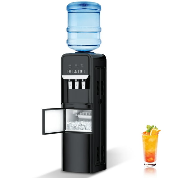 TABU 4-in-1 Water Cooler with Ice Maker, 3 or 5 Gallon, Hot & Cold & Room Temperature, Child Lock, for Home and Office, Black
