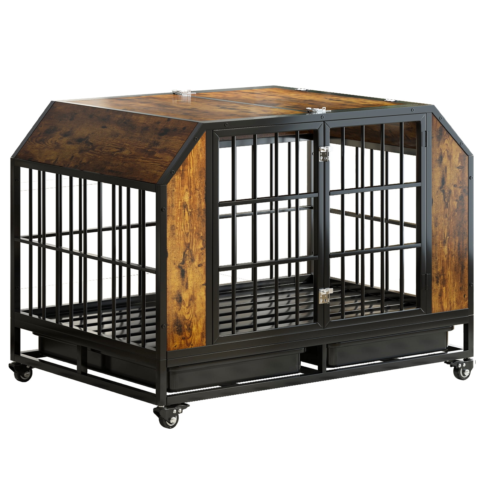 TABU 42" Large Dog Crate,Heavy Duty Dog Crate with Lockable Wheels, Pull-out Tray, Rustic Brown