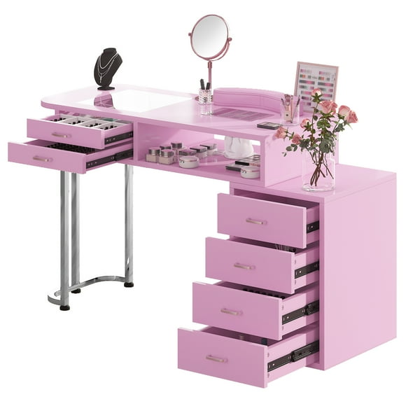 TABU 53'' Manicure Table, Freestanding Nail Table for Nail Tech with Storage,Dust Collector,Wrist Pad,Pink