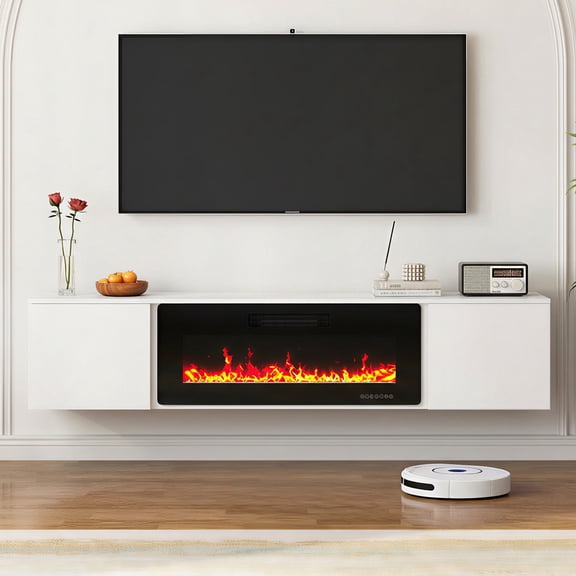 TABU 70" Floating Fireplace TV Stand with 36" Electric Fireplace,Wall Mounted TV Stand with Fireplace for TVs up to 90",White