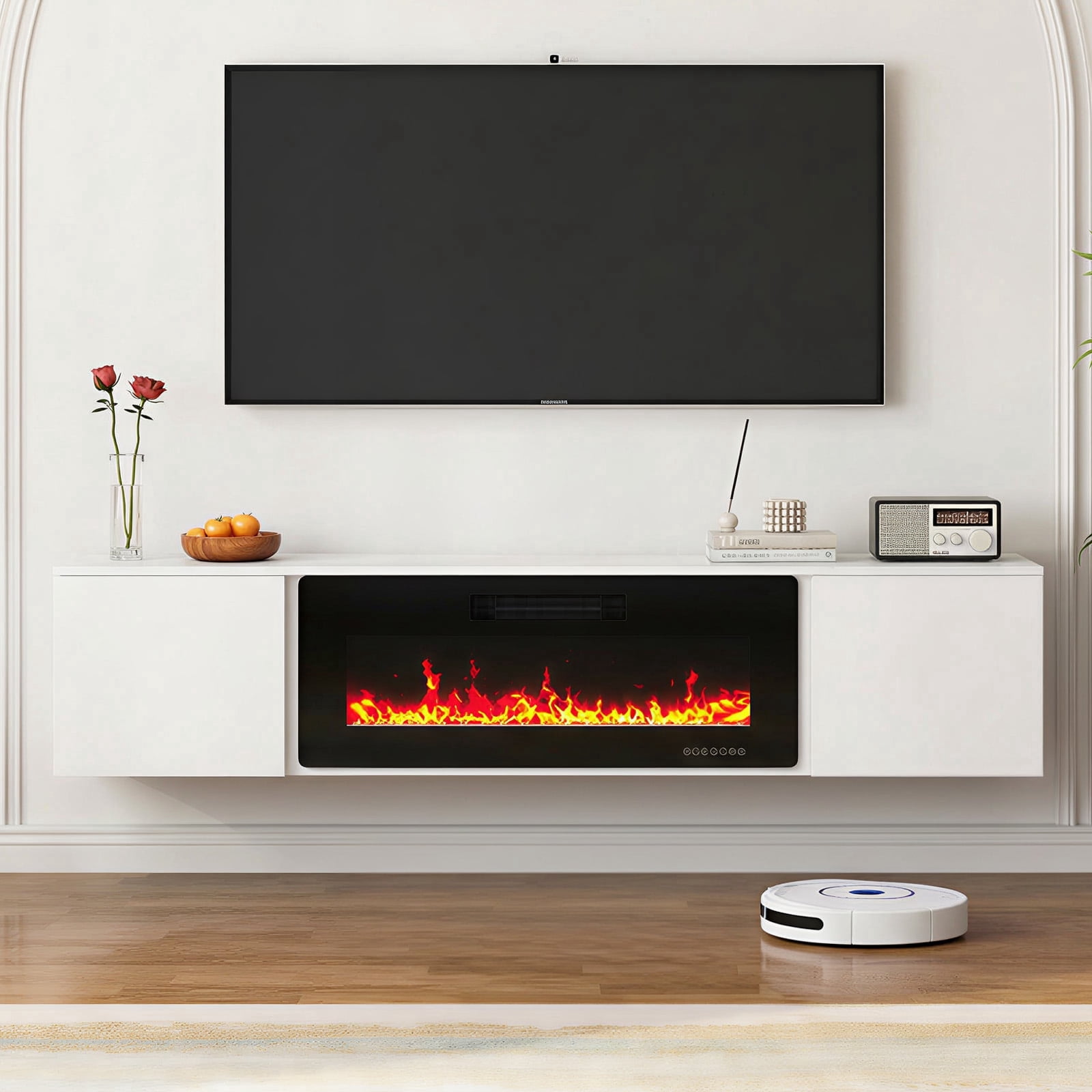 TABU 70" Floating Fireplace TV Stand with 36" Electric Fireplace,Wall Mounted TV Stand with Fireplace for TVs up to 90",White