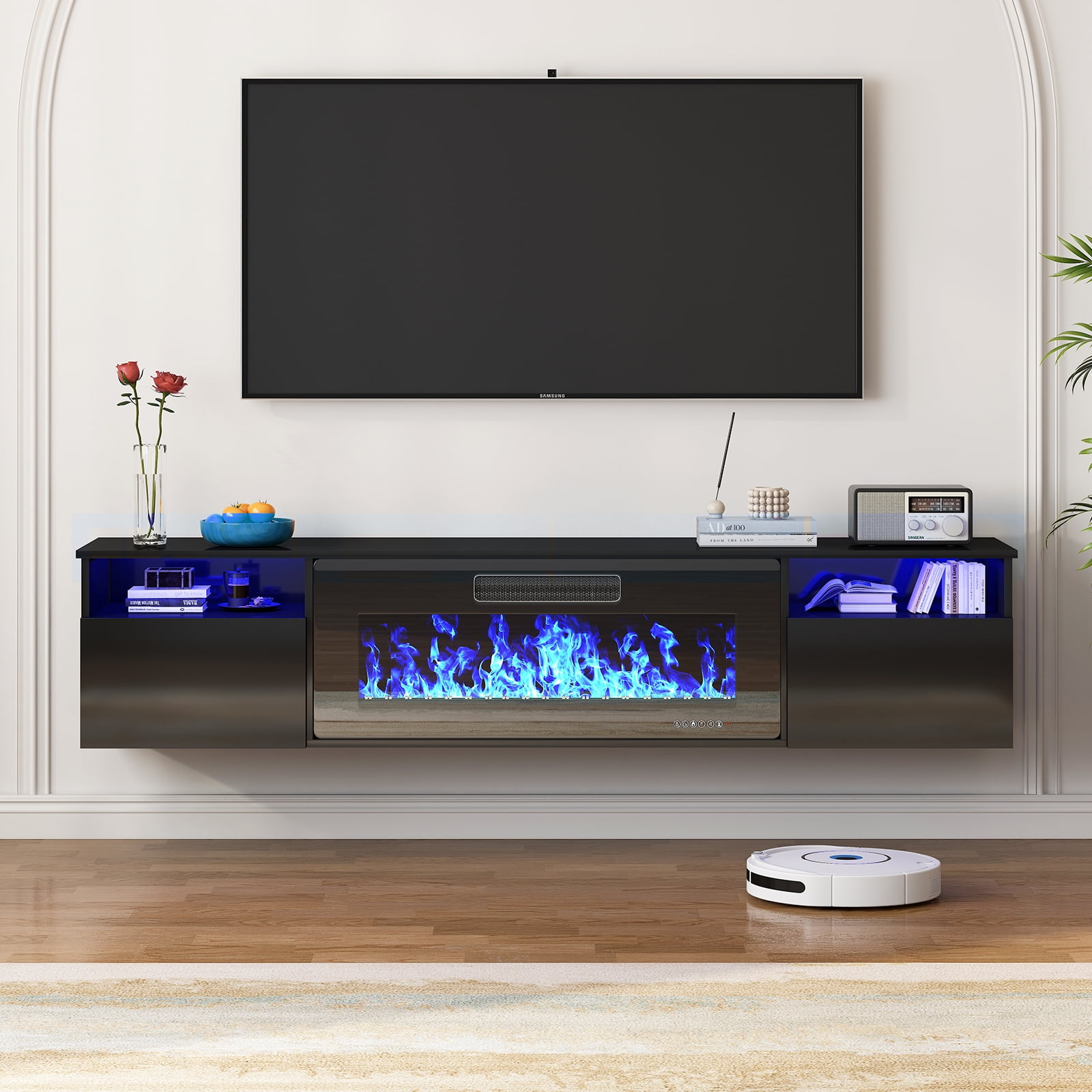 TABU 70" Wall Mounted Electric Fireplace TV Stand, Entertainment Center for TVs up to 80",Black
