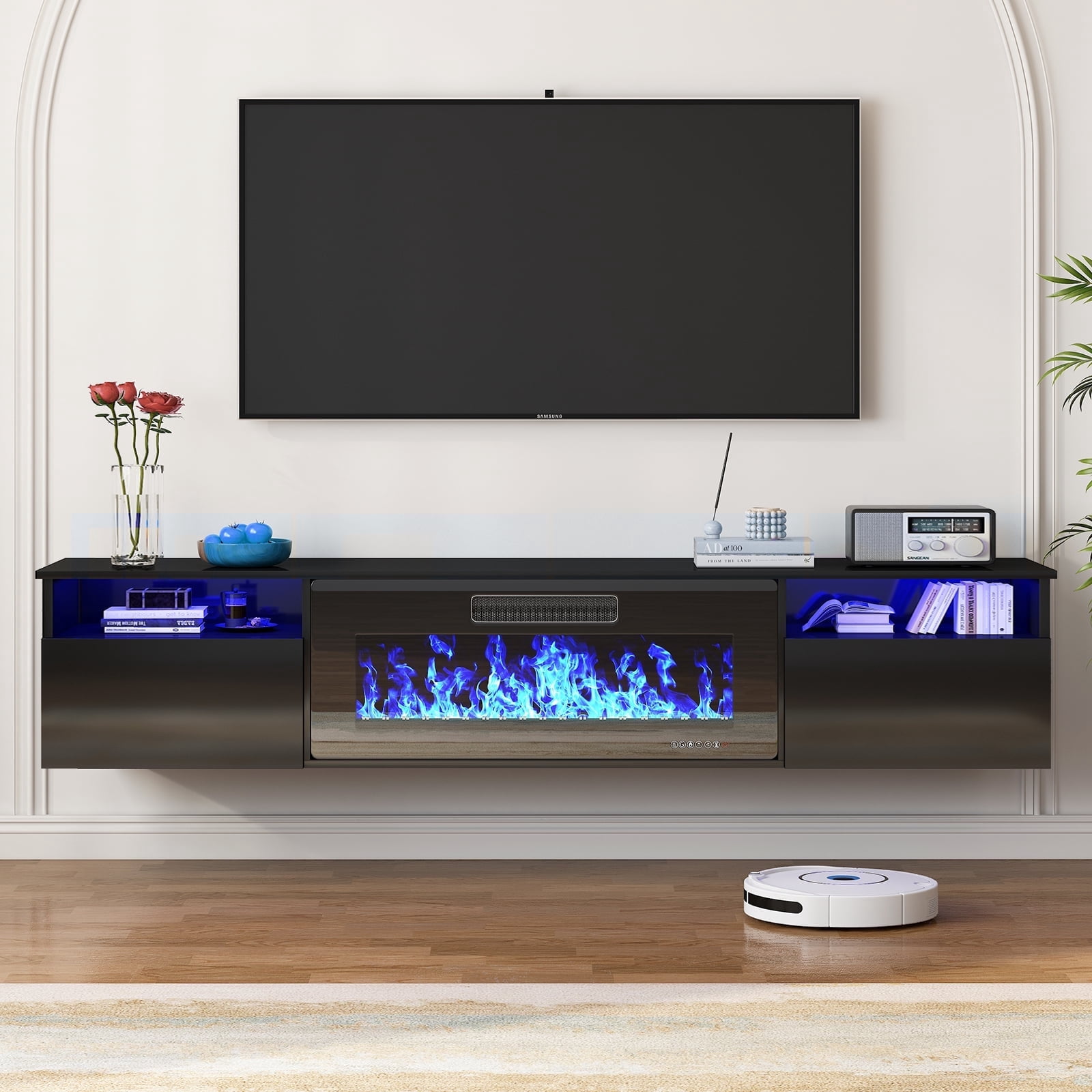 TABU 80" Floating Fireplace TV Stand with 36" Electric Fireplace,Wall Mounted TV Stand with Fireplace for TVs up to 90",Black