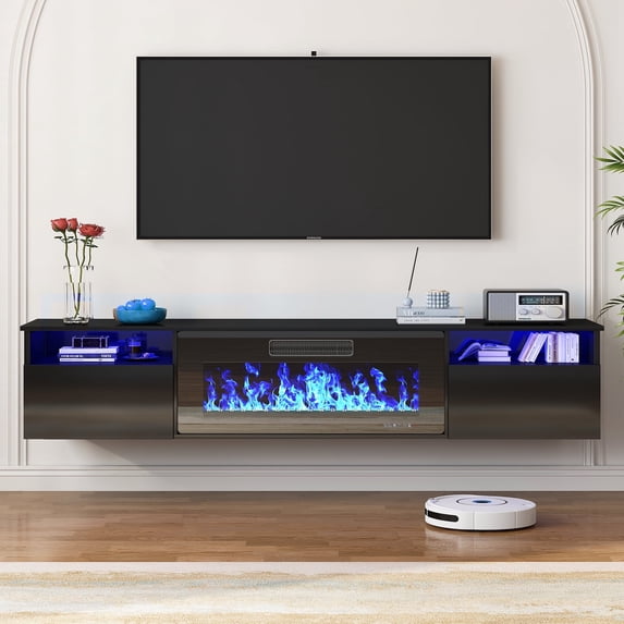 TABU 80" Floating Fireplace TV Stand with 36" Electric Fireplace,Wall Mounted TV Stand with Fireplace for TVs up to 90",Black