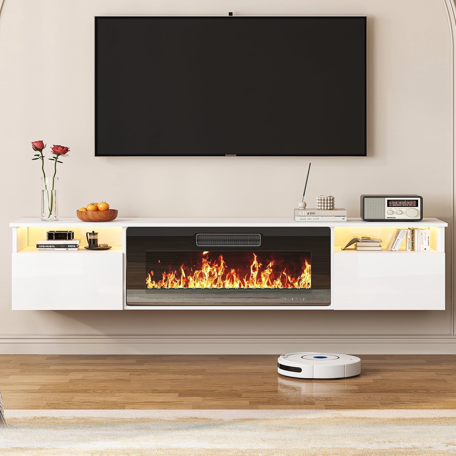 TABU 80" Floating Fireplace TV Stand with 36" Electric Fireplace,Wall Mounted TV Stand with Fireplace for TVs up to 90",White